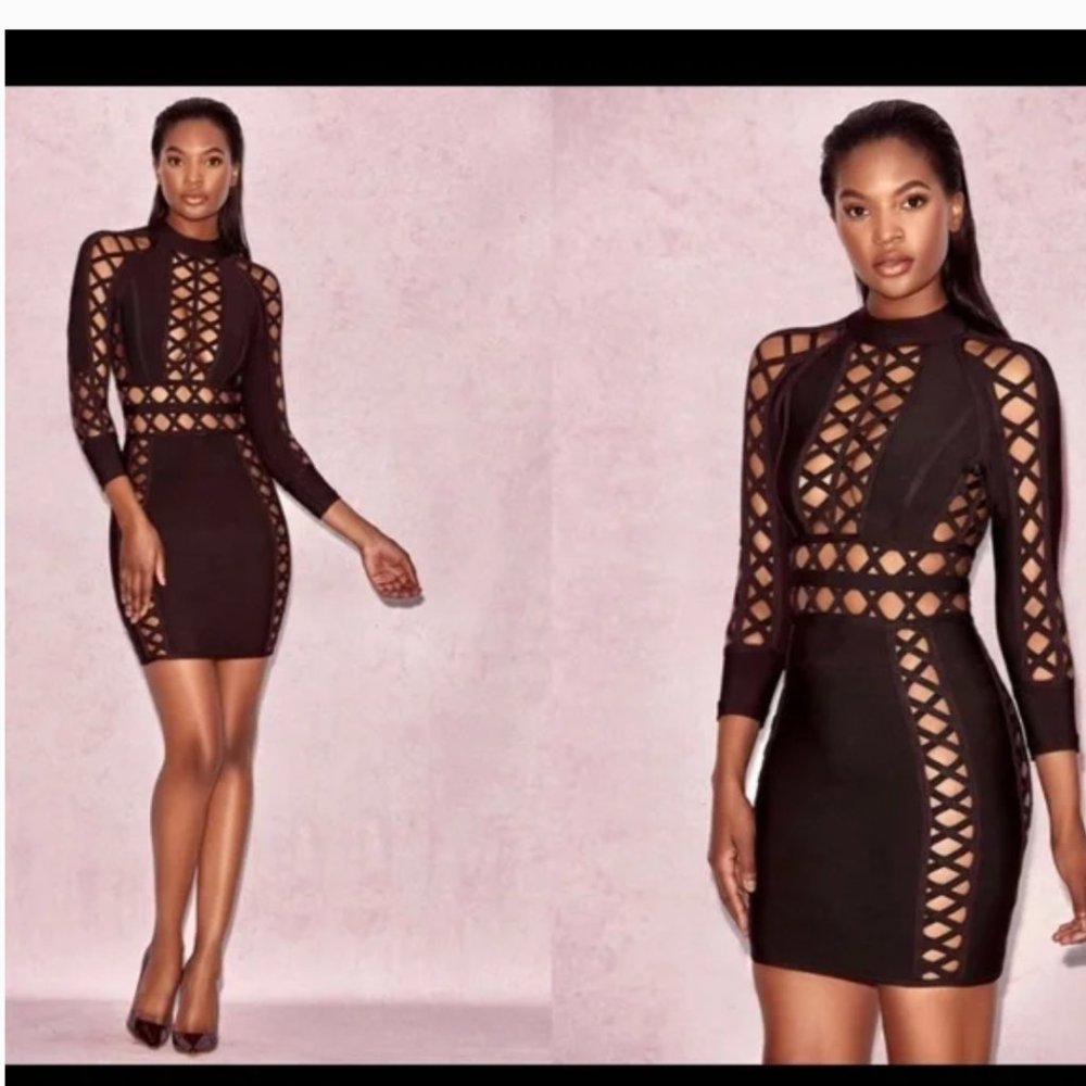 House Of CB London Brown Aziza Thick Bandage Open Weave Cut Out Dress - Picture 6 of 8